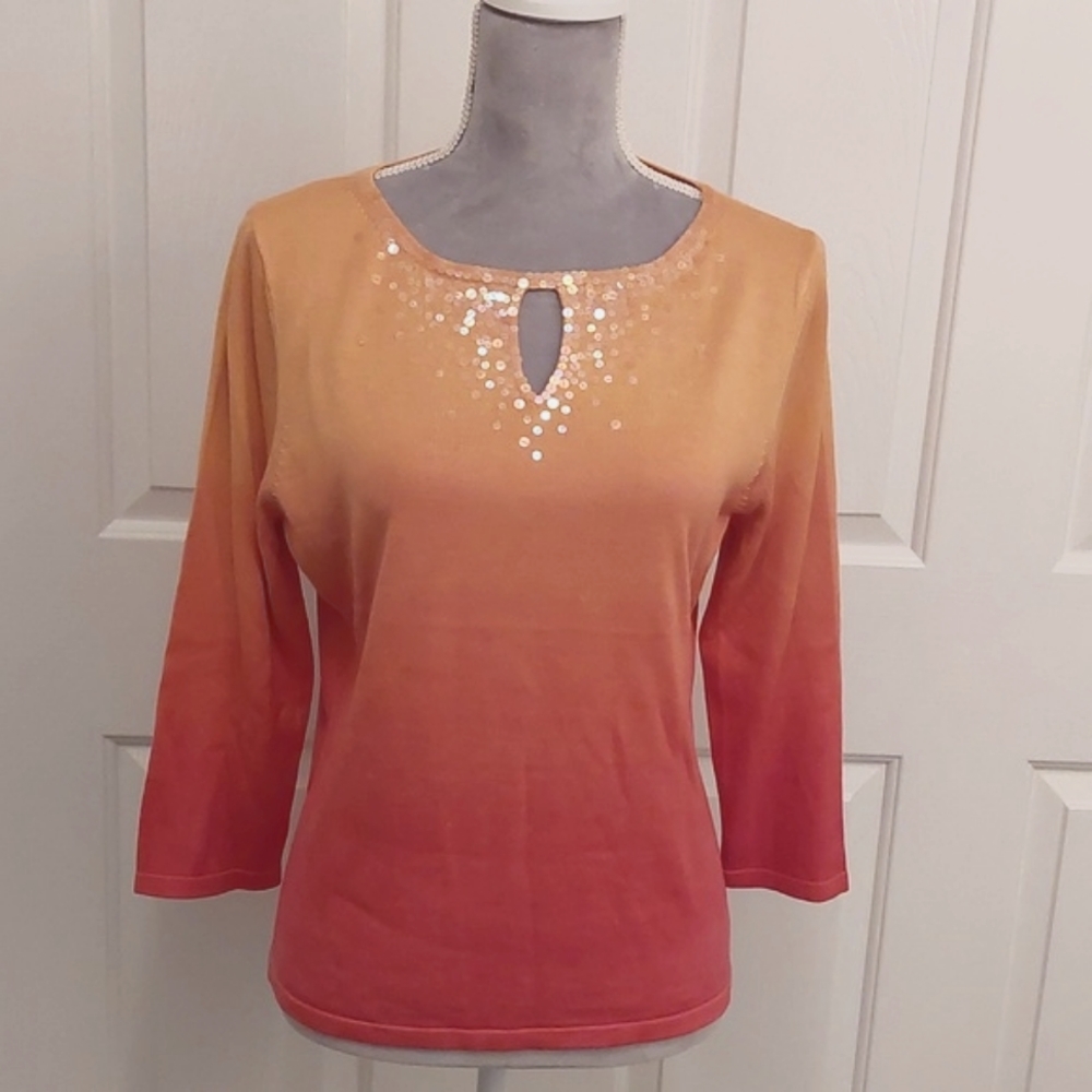 Valerie Steven's silk/cotton fine knit orange ombre top, sequins sz L